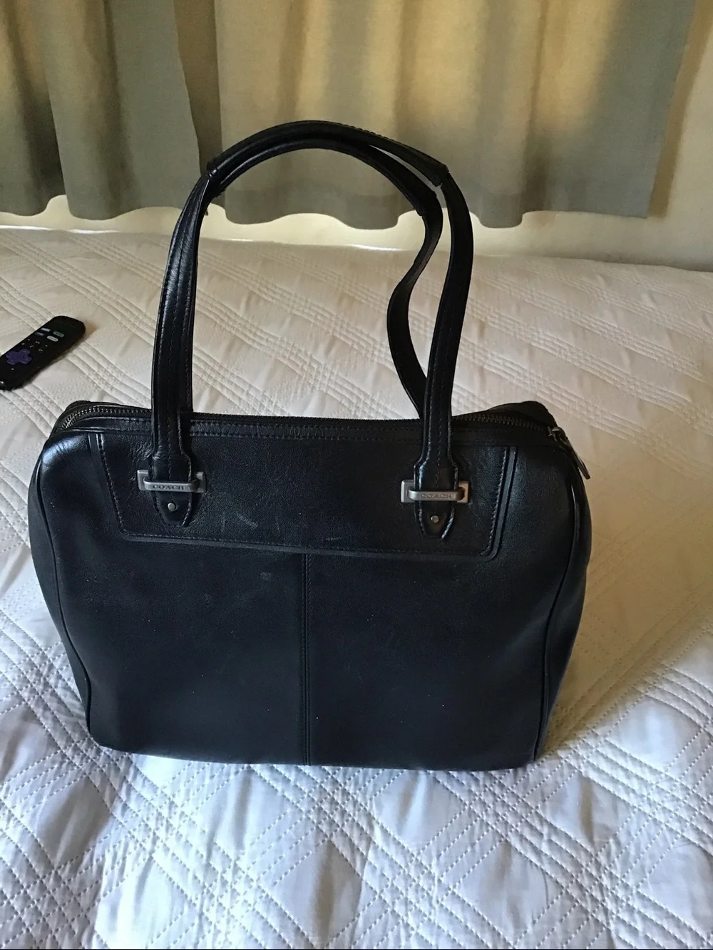 Coach Black Leather and Wool Briefcase with Croc-Trim Pocket